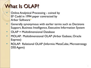 What Is OLAP? ,[object Object],[object Object],[object Object],[object Object],[object Object]