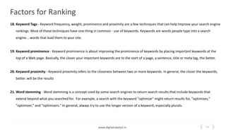 10
www.digitalcatalyst.in
Factors for Ranking
18. Keyword Tags - Keyword frequency, weight, prominence and proximity are a...