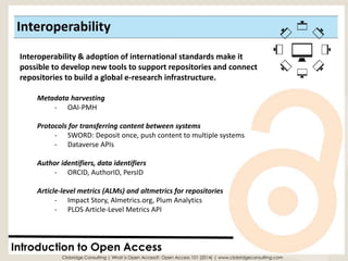 Interoperability 
Introduction to Open Access 
Interoperability & adoption of international standards make it possible to develop new tools to support repositories and connect repositories to build a global e-research infrastructure. 
Metadata harvesting 
-OAI-PMH 
Protocols for transferring content between systems 
-SWORD: Deposit once, push content to multiple systems 
-DataverseAPIs 
Author identifiers, data identifiers 
-ORCID, AuthorID, PersID 
Article-level metrics (ALMs) and altmetricsfor repositories 
-Impact Story, Almetrics.org, Plum Analytics 
-PLOS Article-Level Metrics API 
Clobridge Consulting | What is Open Access?: Open Access 101 (2014) | www.clobridgeconsulting.com  