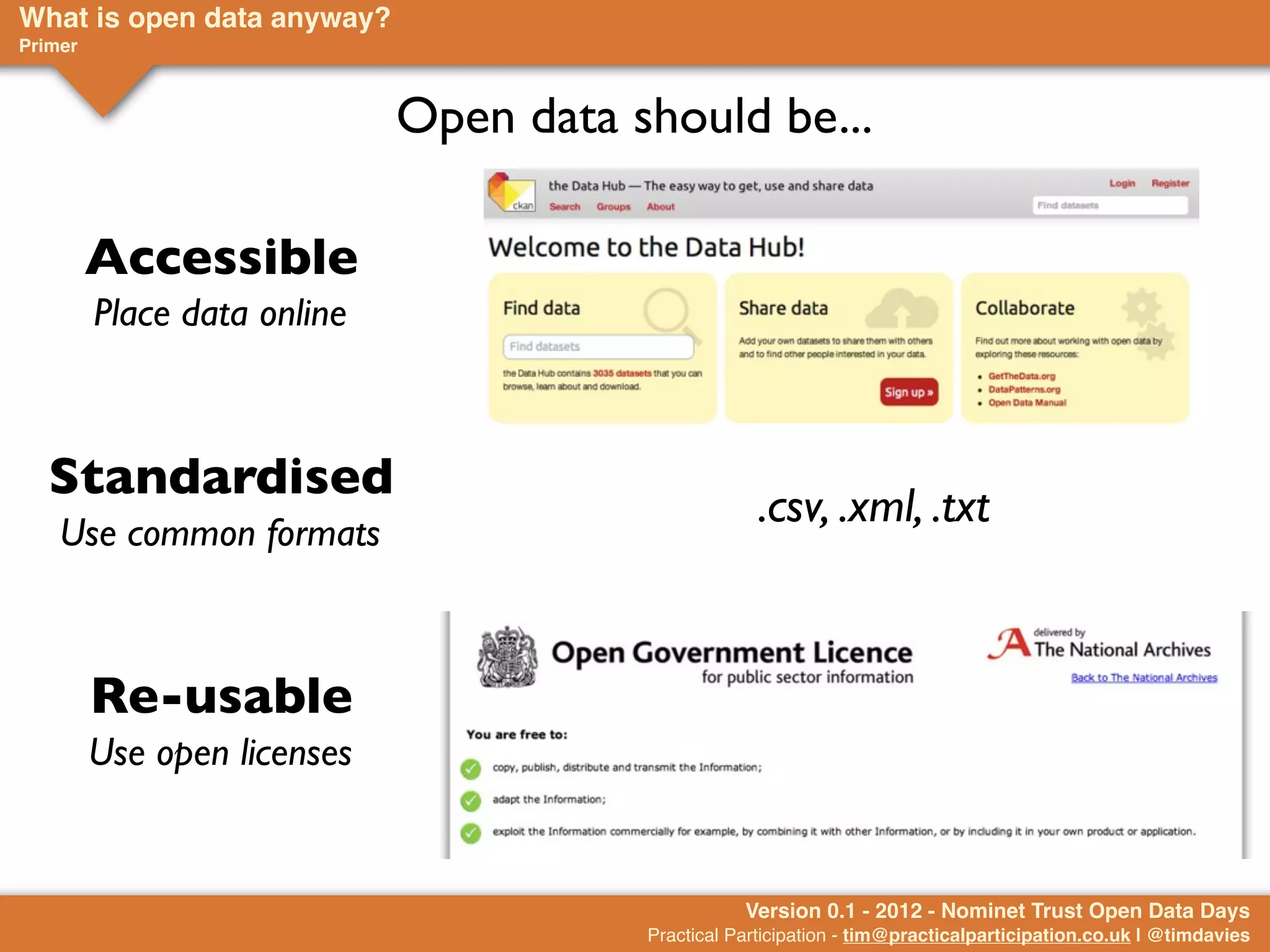 What is open data anyway?
Primer



                             Open data should be...

         Accessible
         Place data online



   Standardised
                                                     .csv, .xml, .txt
    Use common formats



         Re-usable
         Use open licenses


                                                   Version 0.1 - 2012 - Nominet Trust Open Data Days
                                        Practical Participation - tim@practicalparticipation.co.uk | @timdavies
 