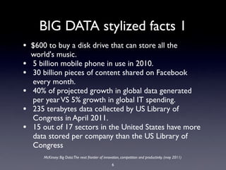 BIG DATA stylized facts 1
• $600 to buy a disk drive that can store all the
    world's music.
•   5 billion mobile phone in use in 2010.
•   30 billion pieces of content shared on Facebook
    every month.
•   40% of projected growth in global data generated
    per year VS 5% growth in global IT spending.
•   235 terabytes data collected by US Library of
    Congress in April 2011.
•   15 out of 17 sectors in the United States have more
    data stored per company than the US Library of
    Congress
       McKinsey: Big Data:The next frontier of innovation, competition and productivity. (may 2011)
                                                    6
 
