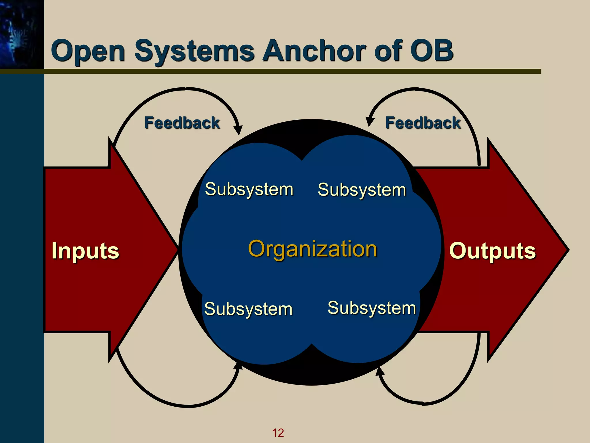 12
Feedback Feedback
Outputs
Inputs
Subsystem
Subsystem
Subsystem Subsystem
Organization
Open Systems Anchor of OB
 