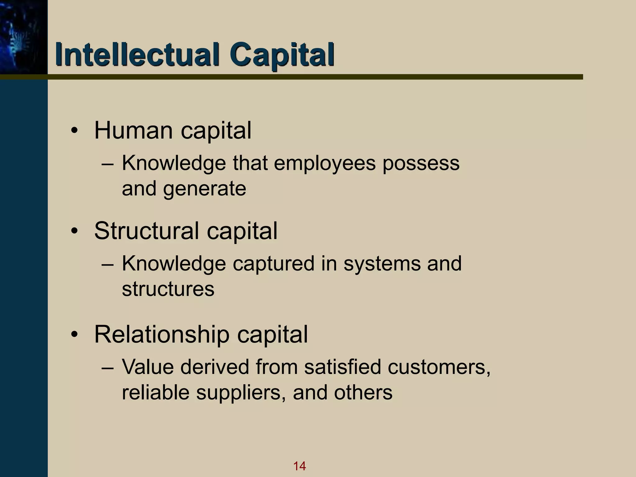 14
Intellectual Capital
• Human capital
– Knowledge that employees possess
and generate
• Structural capital
– Knowledge captured in systems and
structures
• Relationship capital
– Value derived from satisfied customers,
reliable suppliers, and others
 