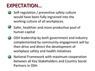 OSH leadership by both government and industry complemented by community engagement will by then drive and direct the development of workplace safety and health initiatives EXPECTATION… N ational Framework with maximum cooperation between all Key Stakeholders and Country Social Partners in OSH.  Safer, healthier and more productive pool of human capital Self-regulation / preventive safety culture would have been fully ingrained into the working culture of all workplaces. 