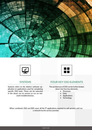 WHAT IS OSS?
SYSTEMS
Systems refers to the distinct software ap-
plication or applications used for completing
specific OSS tasks. These can be executed
in the cloud, run on servers or run on net-
work-installed devices.
FOUR KEY OSS ELEMENTS
ThearchitectureofOSScanbefurtherbroken
down into four key elements:
• Processes
• Data
• Applications
• Technology
When combined, OSS and BSS cover all the IT applications required to sell services and run
a network by the service provider.