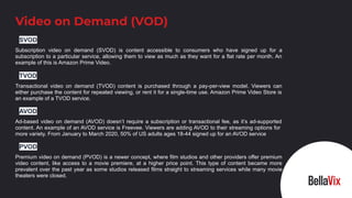 SVOD
Subscription video on demand (SVOD) is content accessible to consumers who have signed up for a
subscription to a particular service, allowing them to view as much as they want for a flat rate per month. An
example of this is Amazon Prime Video.
TVOD
Transactional video on demand (TVOD) content is purchased through a pay-per-view model. Viewers can
either purchase the content for repeated viewing, or rent it for a single-time use. Amazon Prime Video Store is
an example of a TVOD service.
AVOD
Ad-based video on demand (AVOD) doesn’t require a subscription or transactional fee, as it’s ad-supported
content. An example of an AVOD service is Freevee. Viewers are adding AVOD to their streaming options for
more variety. From January to March 2020, 50% of US adults ages 18-44 signed up for an AVOD service
PVOD
Premium video on demand (PVOD) is a newer concept, where film studios and other providers offer premium
video content, like access to a movie premiere, at a higher price point. This type of content became more
prevalent over the past year as some studios released films straight to streaming services while many movie
theaters were closed.
Video on Demand (VOD)
 