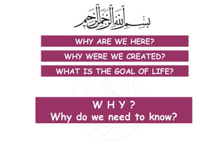 WHY ARE WE HERE?
WHY WERE WE CREATED?
WHAT IS THE GOAL OF LIFE?

W H Y ?
Why do we need to know?

 