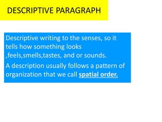 DESCRIPTIVE PARAGRAPH
Descriptive writing to the senses, so it
tells how something looks
,feels,smells,tastes, and or sounds.
A description usually follows a pattern of
organization that we call spatial order.
 