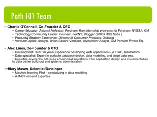 Free interactive career guidance.   Learn about user. Broker access to deeper profiles of candidates. Business Model $15mil.+ $100mil.+ Revenue run rate (annual) Recruiting database Deeper candidate profile Data Bios crawled from web—mixed quality Shortened resumes + Social graph Full resumes,  assessments, intention data, analysis of UGC Search Text search Limited search fields and filtered by network distance Full structured search + related keywords Within 6 months 