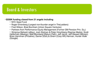 No chicken and egg problem : Database of candidates bootstrapped by public crawl.  Give candidates a reason to submit better data : Finding people on the “open web” + giving them a reason (helping with career guidence/objectives) to submit additional data.  Understand that recruiters need  better search tools. No other sites fully focused on providing career direction .  Competition mostly one off tools and pure content plays. Low downside, high potential : At worst, we build a better Zoominfo.  At best, we change the way every worker thinks about career development online. Path 101 Advantage 