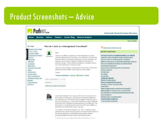 Progress to date Officially launched site mid-March with personality test, advice, and first version of resume analyzer Crawled, analyzing over  2mm. public links to resumes   (8mm to go!) Parsing and structuring career path data, education, skills, companies, geographies, etc. Resume analyzer update launching end of April Focus on growing search traffic and engagement Prepping “analyze your resume in one click” outreach to e-mail database from public crawl  