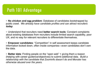 Roadmap Data    Directly drives revenue potential Improve taxonomies and quality (2 months) Expand data landing pages to include job titles, skills, majors, degrees, geographies, schools (2-3 months) Add and analyze data from blogs, Twitter, del.icio.us, other networks (4 months) Add cool data visualizations to improve discovery (Continual) Expanded slices and views Compelling career path discovery tools Insider info: Top blogs, Twitter users, etc. 