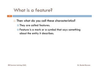 What is a feature?
19
Then what do you call these characteristics?
They are called features.
Feature is a mark or a symbol that says something
about the entity it describes.
ERI Summer training (C&S) Dr. Randa Elanwar
 