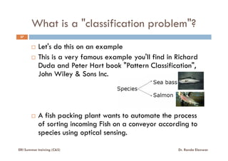 What is a "classification problem"?
27
Let's do this on an example
This is a very famous example you'll find in Richard
Duda and Peter Hart book "Pattern Classification",
John Wiley & Sons Inc.
A fish packing plant wants to automate the process
of sorting incoming Fish on a conveyor according to
species using optical sensing.
ERI Summer training (C&S) Dr. Randa Elanwar
 