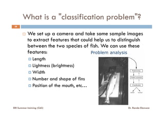 What is a "classification problem"?
28
We set up a camera and take some sample images
to extract features that could help us to distinguish
between the two species of fish. We can use these
features:
LengthLength
Lightness (brightness)
Width
Number and shape of fins
Position of the mouth, etc…
ERI Summer training (C&S) Dr. Randa Elanwar
 