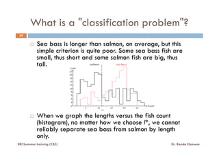 What is a "classification problem"?
30
Sea bass is longer than salmon, on average, but this
simple criterion is quite poor. Some sea bass fish are
small, thus short and some salmon fish are big, thus
tall.
When we graph the lengths versus the fish count
(histogram), no matter how we choose l*, we cannot
reliably separate sea bass from salmon by length
only.
ERI Summer training (C&S) Dr. Randa Elanwar
 