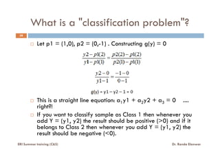 What is a "classification problem"?
38
Let p1 = (1,0), p2 = (0,-1) . Constructing g(y) = 0
This is a straight line equation: a1y1 + a2y2 + a3 = 0 ....
right?!
If you want to classify sample as Class 1 then whenever you
add Y = (y1, y2) the result should be positive (>0) and if it
belongs to Class 2 then whenever you add Y = (y1, y2) the
result should be negative (<0).
ERI Summer training (C&S) Dr. Randa Elanwar
 