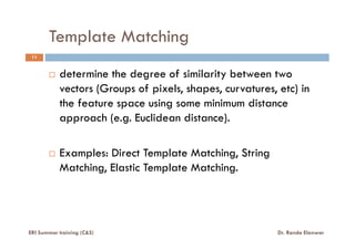 Template Matching
11
determine the degree of similarity between two
vectors (Groups of pixels, shapes, curvatures, etc) in
the feature space using some minimum distance
approach (e.g. Euclidean distance).
Examples: Direct Template Matching, String
Matching, Elastic Template Matching.
ERI Summer training (C&S) Dr. Randa Elanwar
 