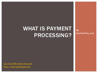 WHAT IS PAYMENT   By
                                  GorillaPay.net
                   PROCESSING?



Low Cost Merchant Account
http://www.gorillapay.net
 