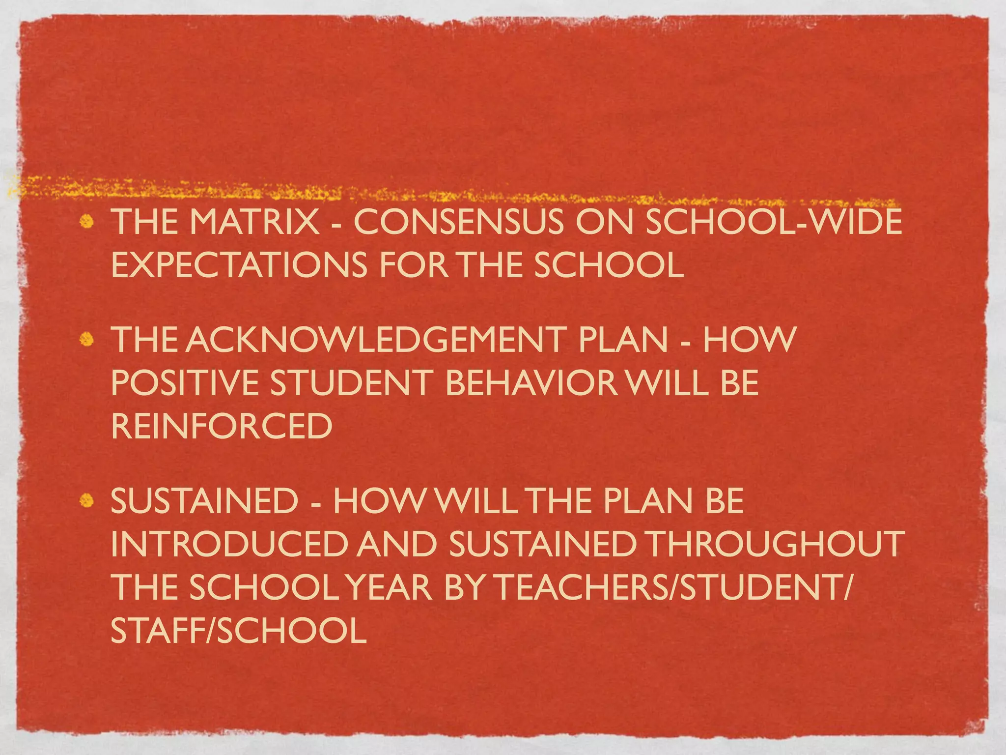 THE MATRIX - CONSENSUS ON SCHOOL-WIDE
EXPECTATIONS FOR THE SCHOOL

THE ACKNOWLEDGEMENT PLAN - HOW
POSITIVE STUDENT BEHAVIOR WILL BE
REINFORCED

SUSTAINED - HOW WILL THE PLAN BE
INTRODUCED AND SUSTAINED THROUGHOUT
THE SCHOOL YEAR BY TEACHERS/STUDENT/
STAFF/SCHOOL
 