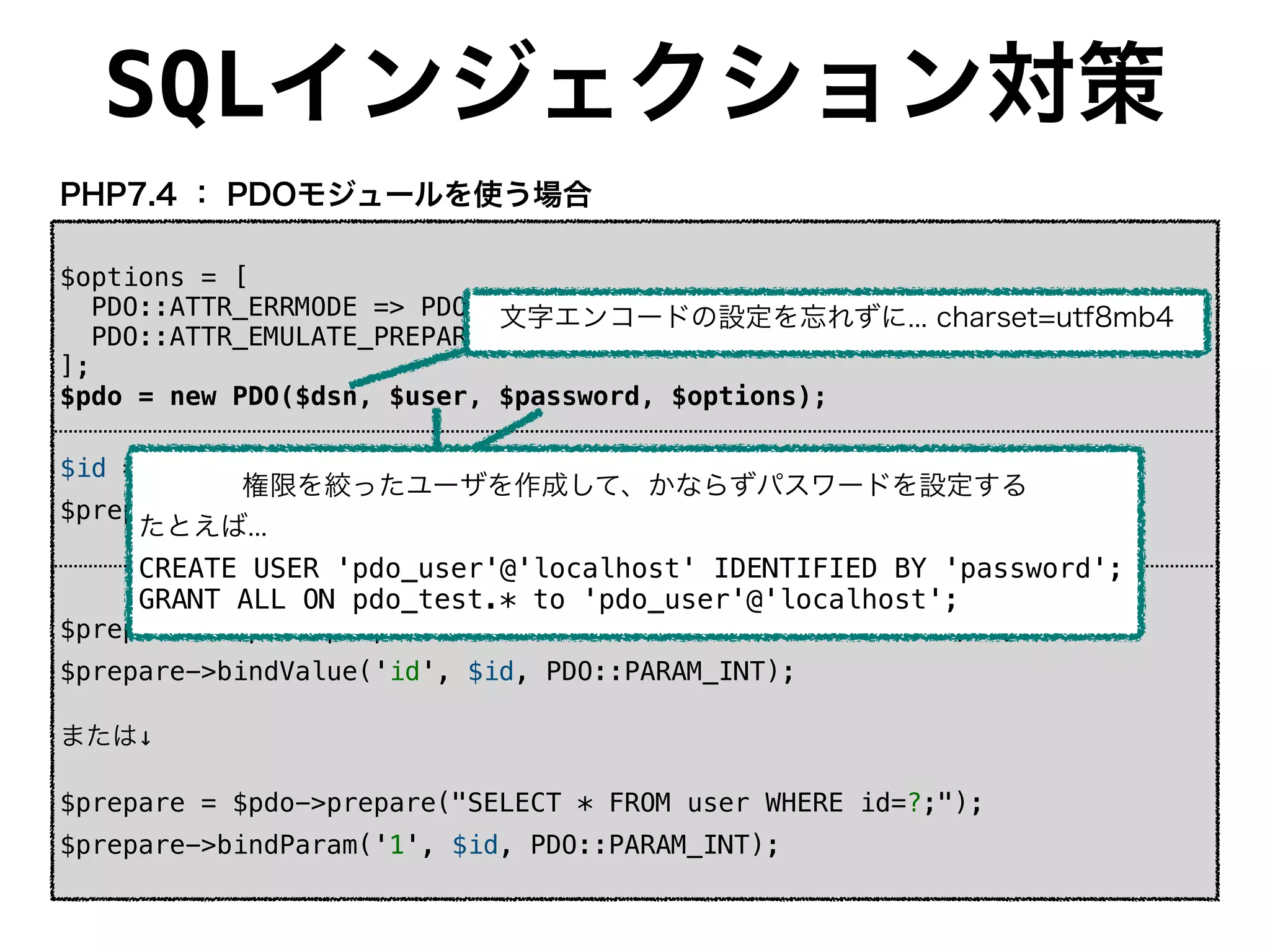SQLインジェクション対策
$options = [
PDO::ATTR_ERRMODE => PDO::ERRMODE_EXCEPTION,
PDO::ATTR_EMULATE_PREPARES => false,
];
$pdo = new PDO($dsn, $user, $password, $options);
$id = $_POST['id']
$prepare = $pdo->prepare("SELECT * FROM user WHERE id=" . $id . ";");
$prepare = $pdo->prepare("SELECT * FROM user WHERE id=:id;");
$prepare->bindValue('id', $id, PDO::PARAM_INT);
または↓
$prepare = $pdo->prepare("SELECT * FROM user WHERE id=?;");
$prepare->bindParam('1', $id, PDO::PARAM_INT);
文字エンコードの設定を忘れずに... charset=utf8mb4
PHP7.4 ： PDOモジュールを使う場合
権限を絞ったユーザを作成して、かならずパスワードを設定する
たとえば...
CREATE USER 'pdo_user'@'localhost' IDENTIFIED BY 'password';
GRANT ALL ON pdo_test.* to 'pdo_user'@'localhost';
 