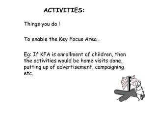 ACTIVITIES: Things you do !  To enable the Key Focus Area . Eg: If KFA is enrollment of children, then the activities would be home visits done, putting up of advertisement, campaigning etc. 