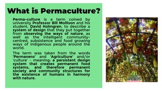 What is Permaculture?
Perma-culture is a term coined by university
Professor Bill Mollison and his student, David
Holmgren, to describe a system of design that they
put together from observing the ways of nature, as
well as the intelligent community-centred, subsistence
and food growing ways of indigenous people around
the world.
The term was taken from the words ‘Permanens’ and
‘Agriculture’ and/or ‘culture’ – meaning: a
persistent design system that creates permanent
food systems, and therefore permanent society
and community structures for the existence of
humans in harmony with nature.
 
