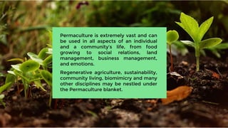 Permaculture is extremely vast and can be used in all
aspects of an individual and a community’s life, from
food growing to social relations, land management,
business management, and emotions.
Regenerative agriculture, sustainability, community
living, biomimicry and many other disciplines may be
nestled under the Permaculture blanket.
 