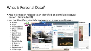 What is Personal Data?
• Any information relating to an identified or identifiable natural
person (Data Subject)
• Not just identifiers, also information about a person and images
• Name
• PPSN
• Home address
• Email address
• Photo
• Loyalty card
• Bank details
• Sick Note
• PMDS
• Social Media
• IP Address
• Bookings
• Payment card
• CCTV image
4 Hermitage Green
1234567T
Liam Kelly
liam.kelly@opw.ie
BIC BOFIIE2D
IBAN IE29BOFI90583812345678
Payment card details
192.168.1.255
 