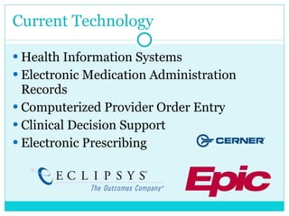 Current Technology Health Information Systems Electronic Medication Administration Records Computerized Provider Order Entry Clinical Decision Support Electronic Prescribing 