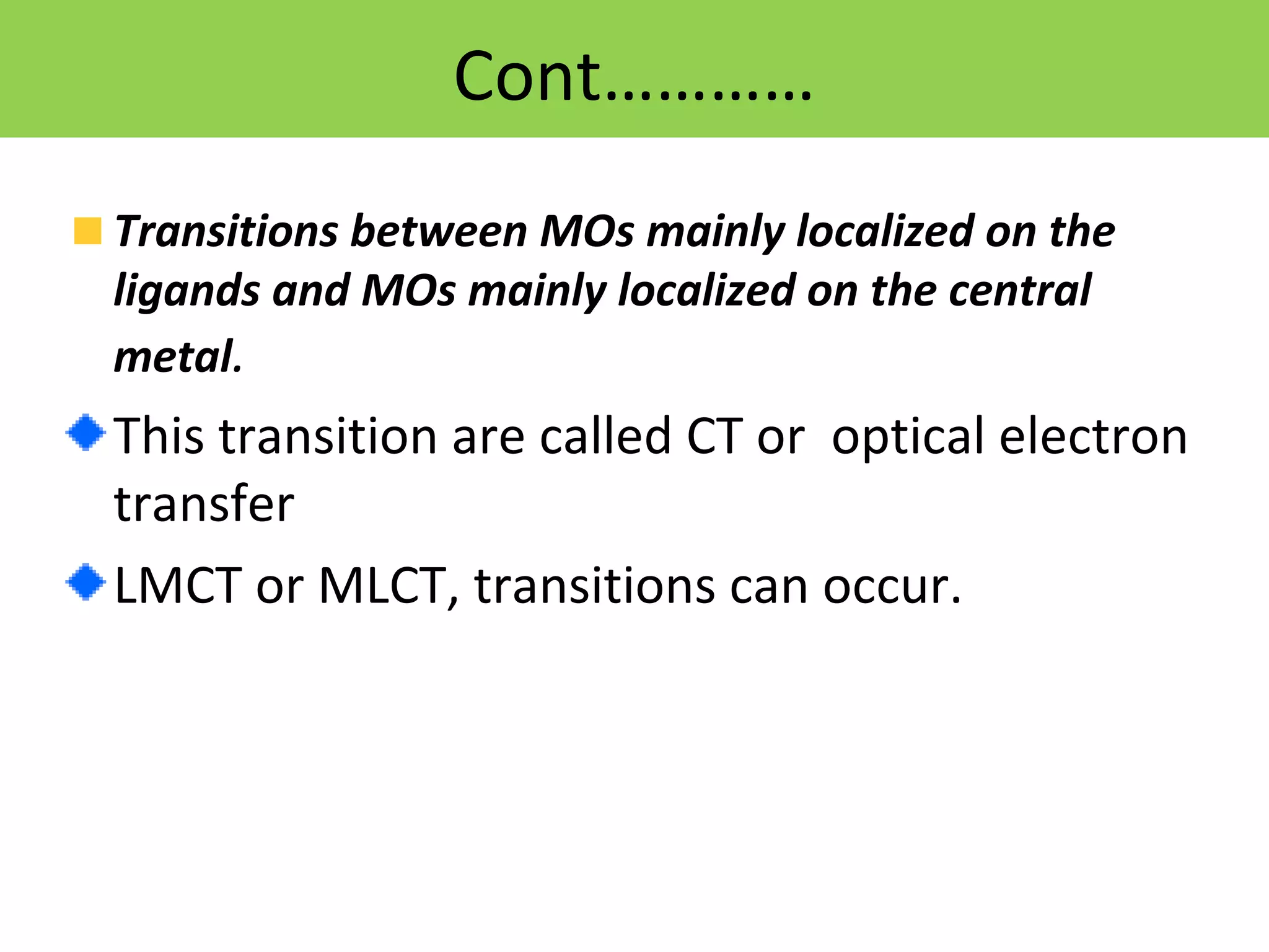 Cont…………
Transitions between MOs mainly localized on the
ligands and MOs mainly localized on the central
metal.
This transition are called CT or optical electron
transfer
LMCT or MLCT, transitions can occur.
 