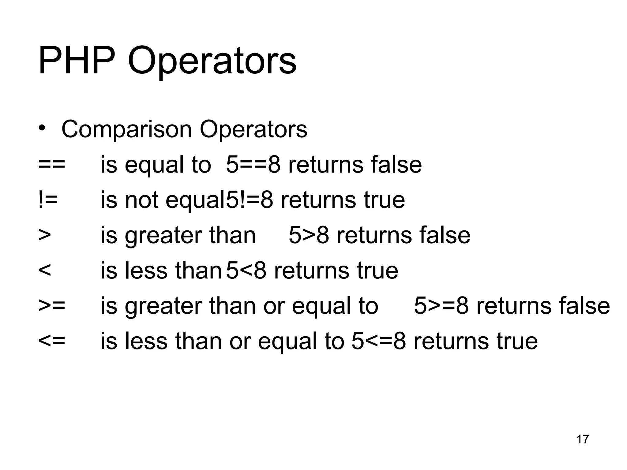 PHP Operators Comparison Operators == is equal to 5==8 returns false != is not equal 5!=8 returns true > is greater than 5>8 returns false < is less than 5<8 returns true >= is greater than or equal to 5>=8 returns false <= is less than or equal to 5<=8 returns true 