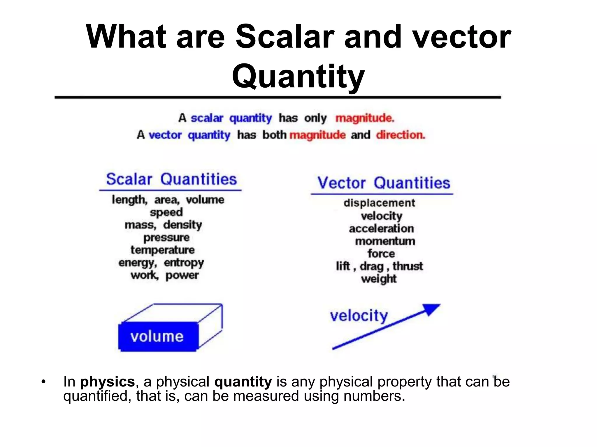 What are Scalar and vector
Quantity
• In physics, a physical quantity is any physical property that can be
quantified, that is, can be measured using numbers.
 