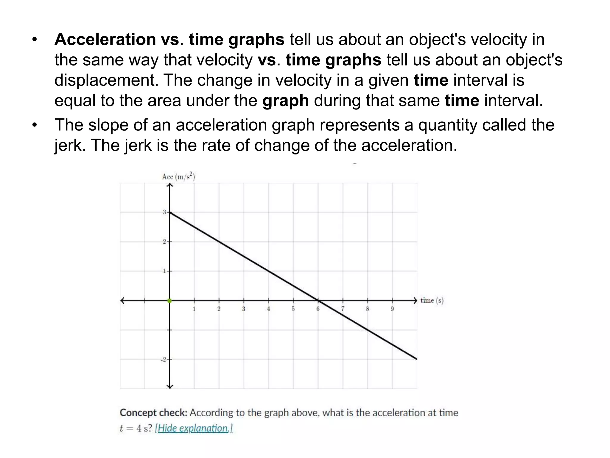 • Acceleration vs. time graphs tell us about an object's velocity in
the same way that velocity vs. time graphs tell us about an object's
displacement. The change in velocity in a given time interval is
equal to the area under the graph during that same time interval.
• The slope of an acceleration graph represents a quantity called the
jerk. The jerk is the rate of change of the acceleration.
 
