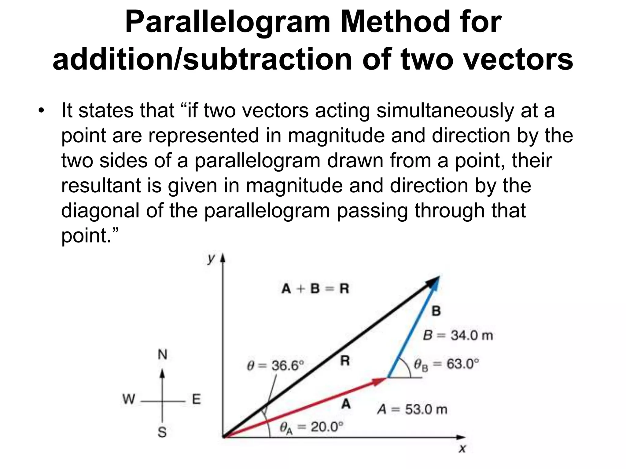Parallelogram Method for
addition/subtraction of two vectors
• It states that “if two vectors acting simultaneously at a
point are represented in magnitude and direction by the
two sides of a parallelogram drawn from a point, their
resultant is given in magnitude and direction by the
diagonal of the parallelogram passing through that
point.”
 