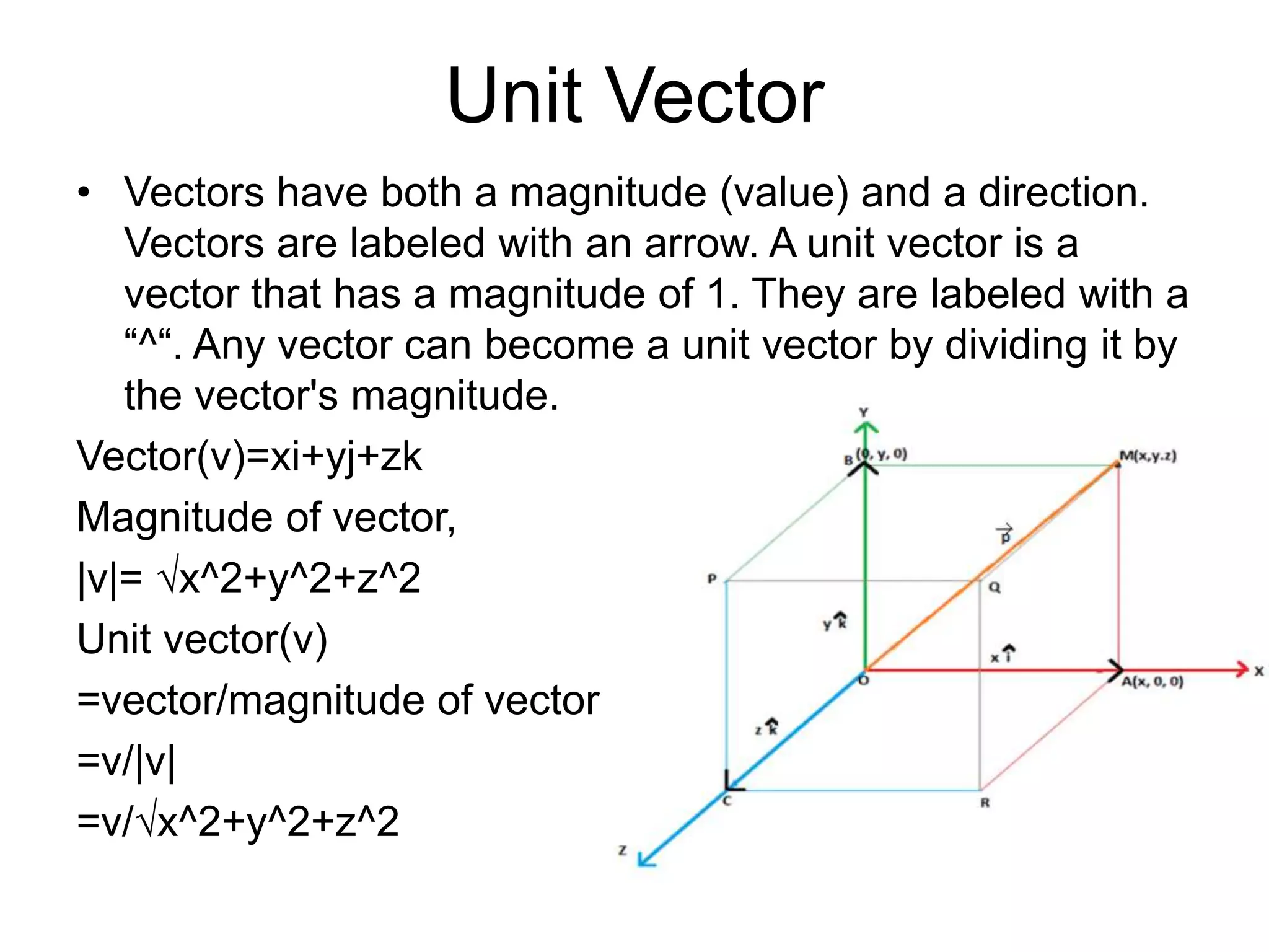 Unit Vector
• Vectors have both a magnitude (value) and a direction.
Vectors are labeled with an arrow. A unit vector is a
vector that has a magnitude of 1. They are labeled with a
“^“. Any vector can become a unit vector by dividing it by
the vector's magnitude.
Vector(v)=xi+yj+zk
Magnitude of vector,
|v|= √x^2+y^2+z^2
Unit vector(v)
=vector/magnitude of vector
=v/|v|
=v/√x^2+y^2+z^2
 
