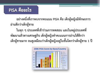อย่างหนึ่งที่เราพบจากคะแนน PISA คือ เด็กผู้หญิงมีทักษะการ อ่านดีกว่าเด็กผู้ชาย 
ในทุก ๆ ประเทศที่เข้าร่วมการทดสอบ และในหมู่ประเทศที่ พัฒนาแล้วทางเศรษฐกิจ เด็กผู้หญิงทำคะแนนการอ่านได้ดีกว่า เด็กผู้ชายมาก จนดูเหมือนว่าเด็กผู้หญิงอยู่ในชั้นโตกว่าเด็กผู้ชาย 1 ปี  