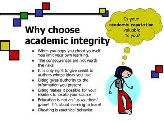 Is your
                                           academic reputation
Why choose                                      valuable
                                                 to you?
academic integrity
    When you copy you cheat yourself.
     You limit your own learning.
    The consequences are not worth
     the risks!
    It is only right to give credit to
     authors whose ideas you use
    Citing gives authority to the
     information you present
    Citing makes it possible for your
     readers to locate your source
    Education is not an “us vs. them”
     game! It‟s about learning to learn!
    Cheating is unethical behavior
 