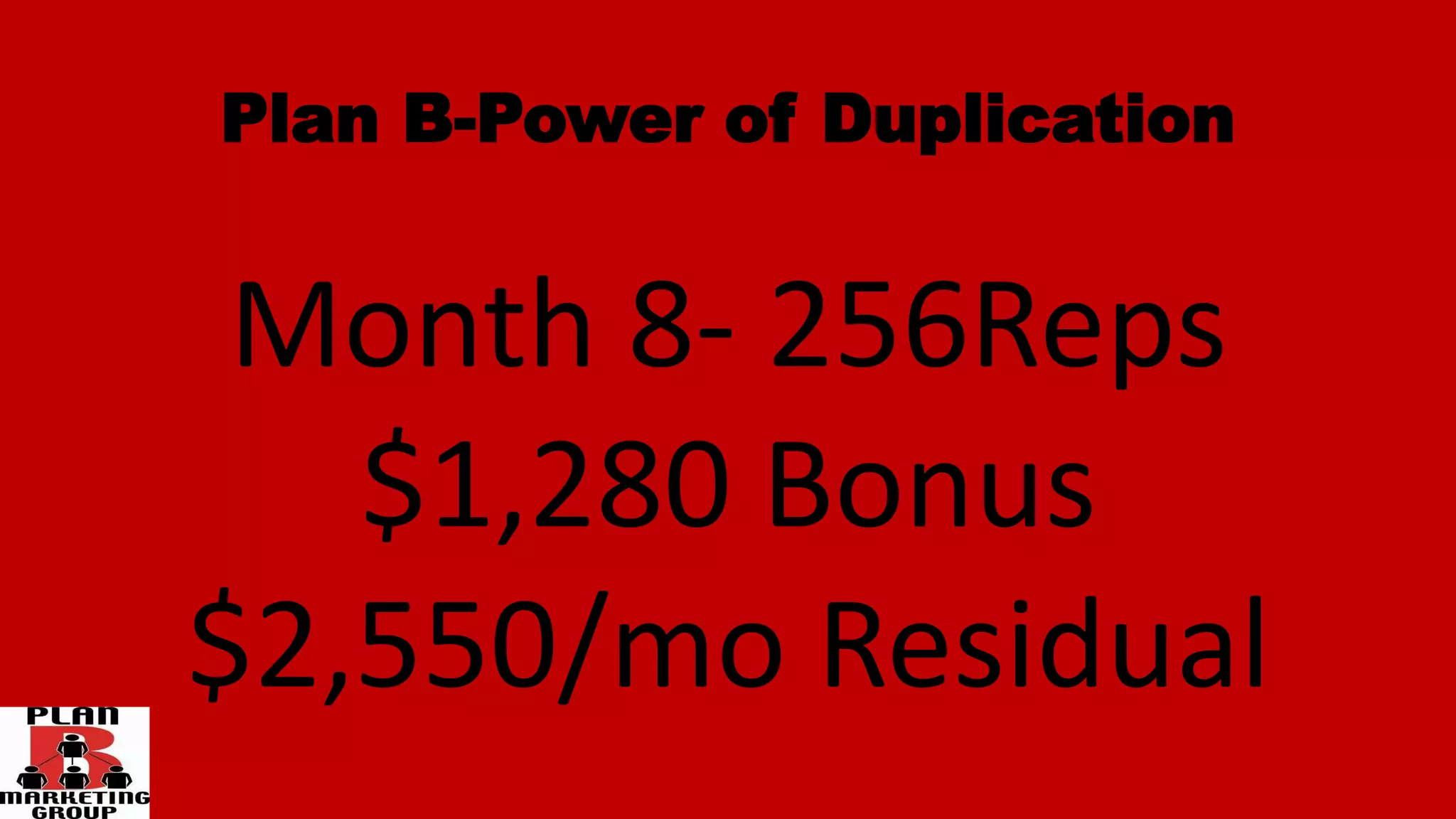 Plan B-Power of Duplication
Month 8- 256Reps
$1,280 Bonus
$2,550/mo Residual
 