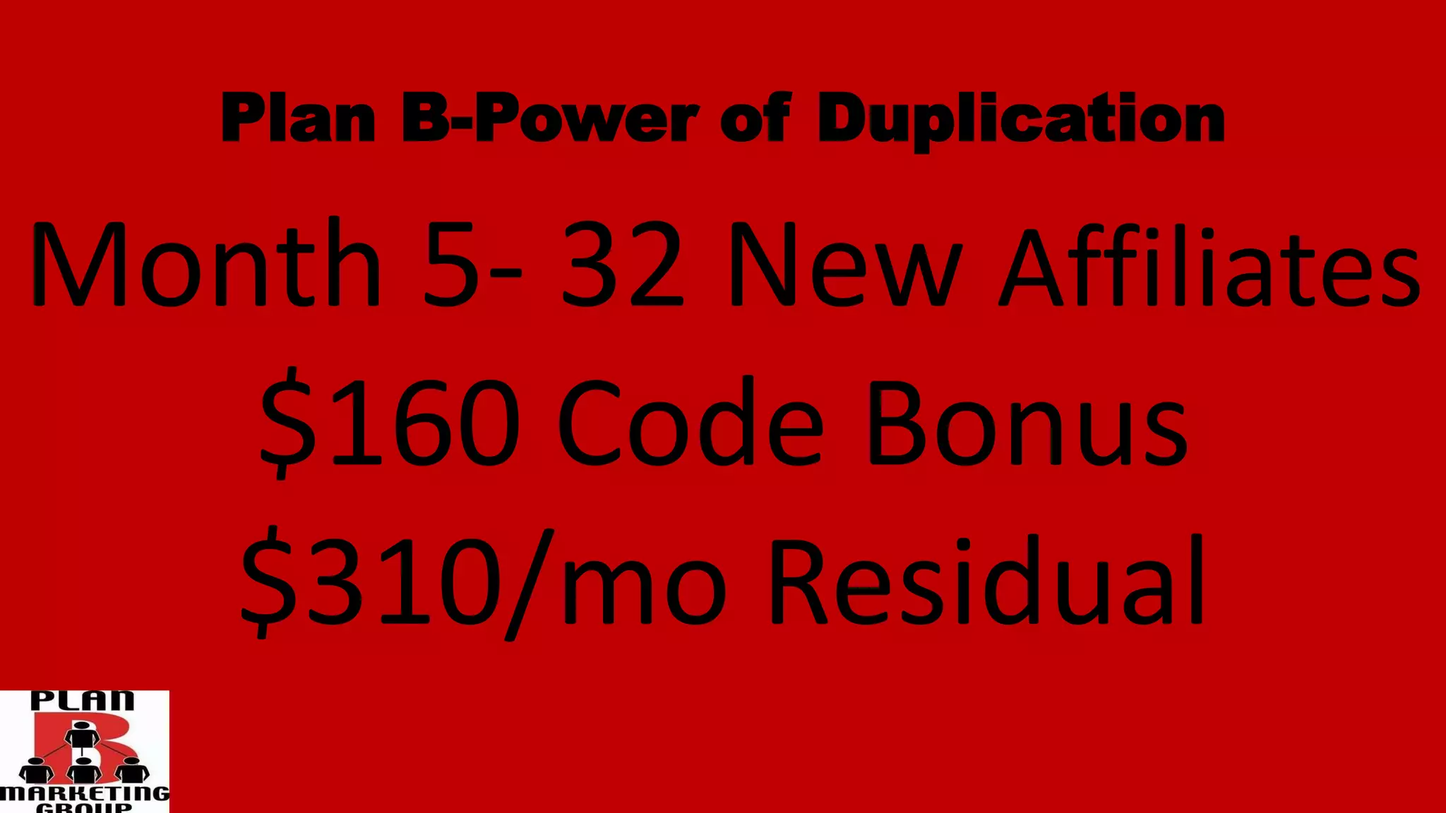 Plan B-Power of Duplication
Month 5- 32 New Affiliates
$160 Code Bonus
$310/mo Residual
 