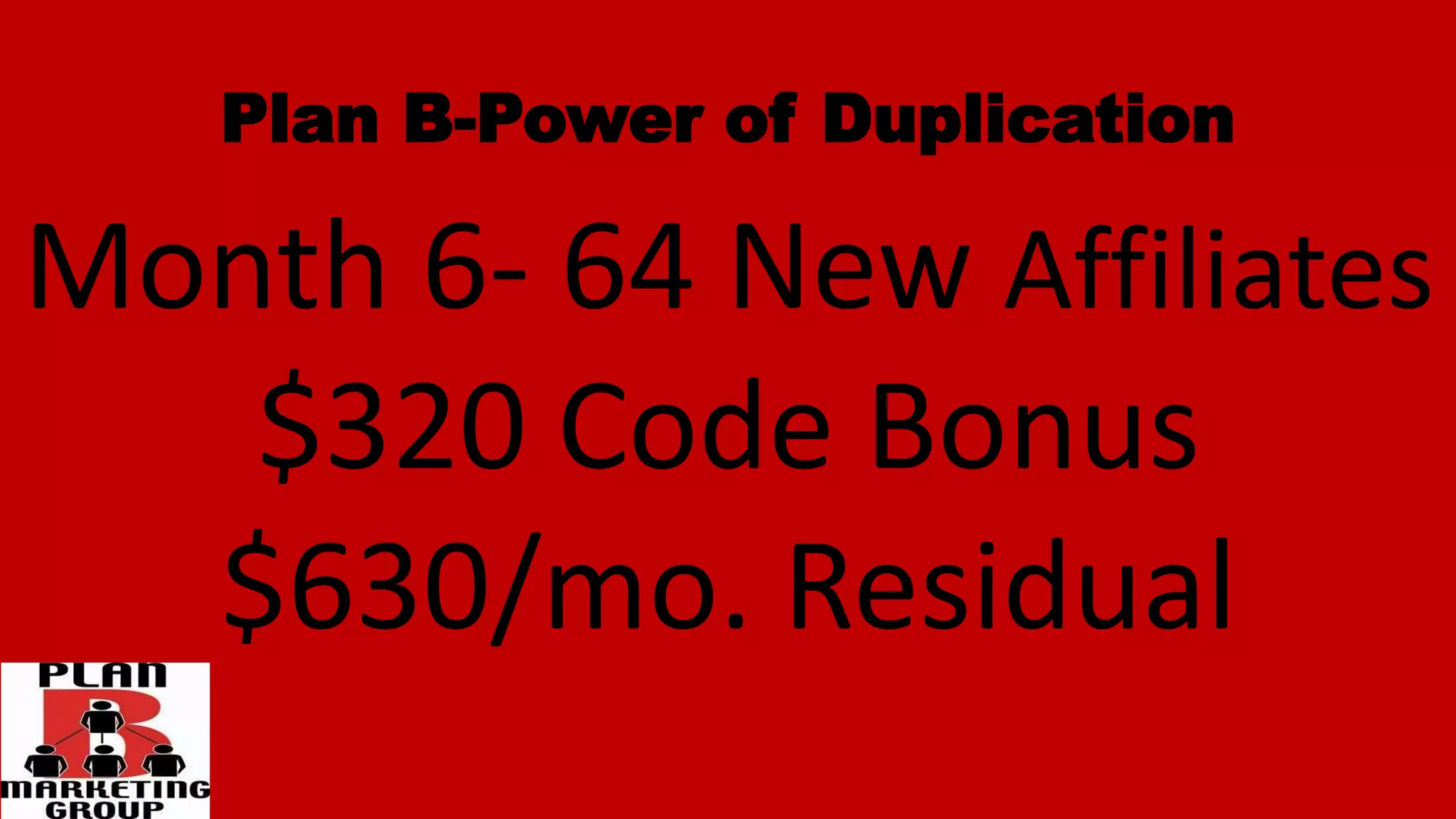 Plan B-Power of Duplication
Month 6- 64 New Affiliates
$320 Code Bonus
$630/mo. Residual
 