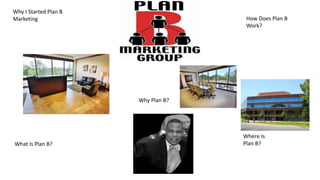 Why I Started Plan B
Marketing
What Is Plan B?
How Does Plan B
Work?
Where Is
Plan B?
Why Plan B?
 