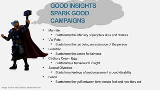GOOD INSIGHTS
SPARK GOOD
CAMPAIGNS






Image Source: http://photos.jdhancock.com/

Marmite
 Starts from the intensity of people’s likes and dislikes
VW Polo
 Starts from the car being an extension of the person
Guardian
 Starts from the desire for fairness
Cadbury Cream Egg
 Starts from a behavioural insight
Special Olympics
 Starts from feelings of embarrassment around disability
Skoda
 Starts from the gulf between how people feel and how they act

 
