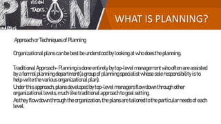 WHAT IS PLANNING?
ApproachorTechniquesofPlanning
Organizationalplanscanbebestbeunderstoodbylookingatwhodoestheplanning.
Tr...