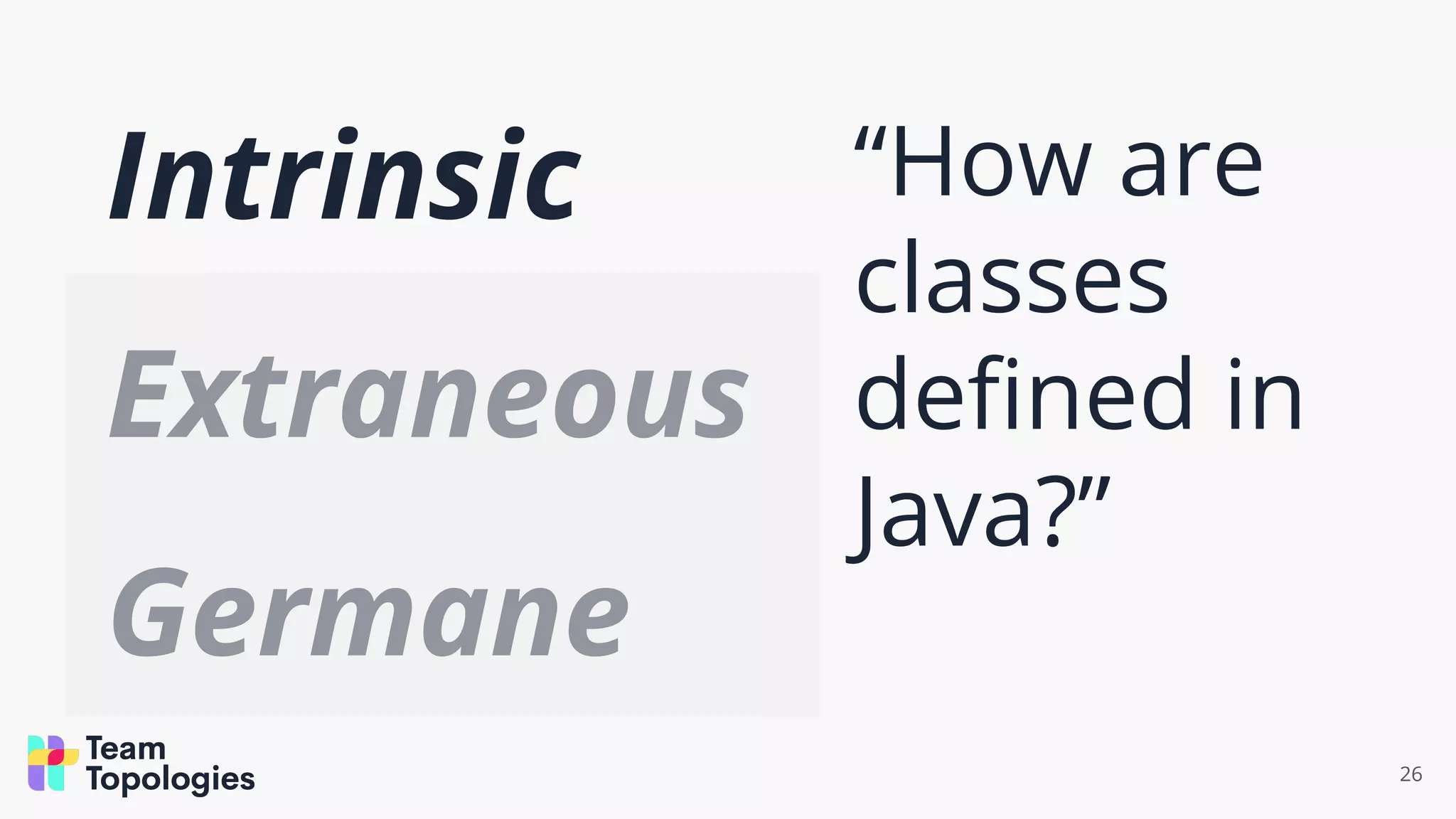 Intrinsic
Extraneous
Germane
26
“How are
classes
deﬁned in
Java?”
 