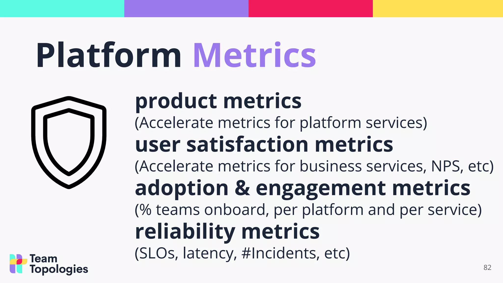 82
product metrics
(Accelerate metrics for platform services)
user satisfaction metrics
(Accelerate metrics for business services, NPS, etc)
adoption & engagement metrics
(% teams onboard, per platform and per service)
reliability metrics
(SLOs, latency, #Incidents, etc)
Platform Metrics
 