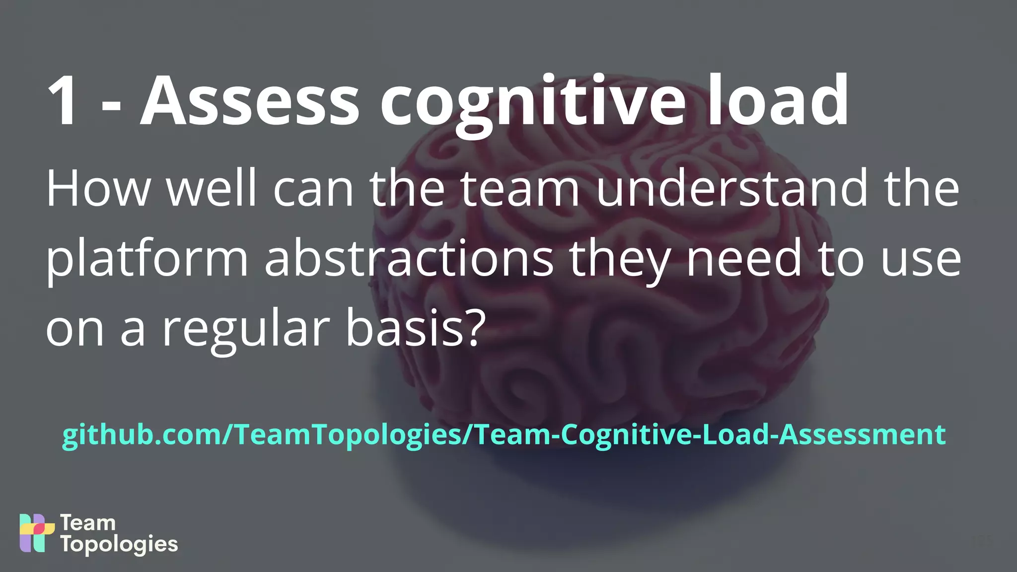 How well can the team understand the
platform abstractions they need to use
on a regular basis?
1 - Assess cognitive load
125
github.com/TeamTopologies/Team-Cognitive-Load-Assessment
 