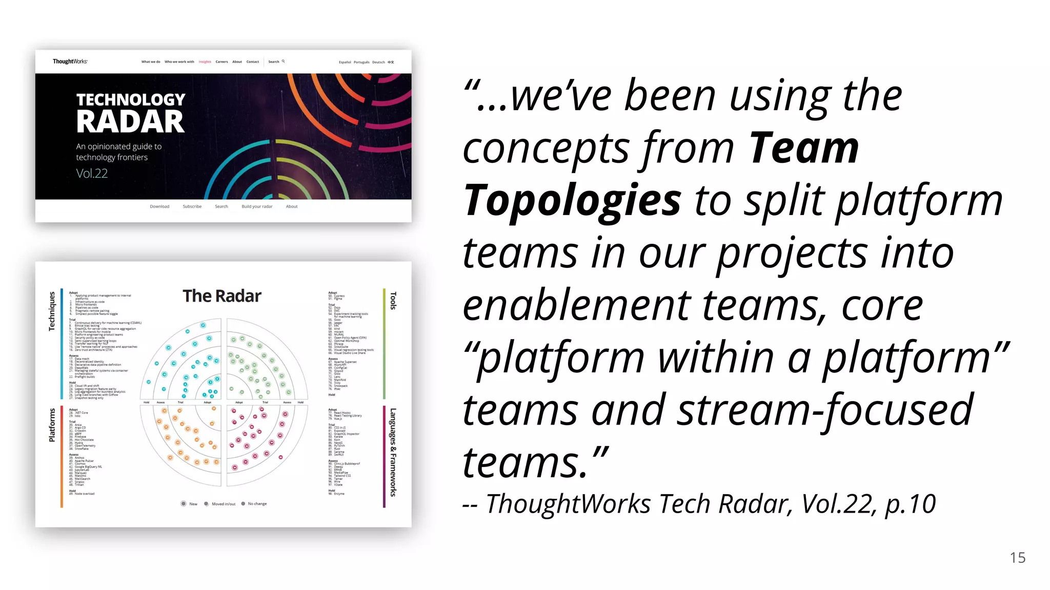 15
“...we’ve been using the
concepts from Team
Topologies to split platform
teams in our projects into
enablement teams, core
“platform within a platform”
teams and stream-focused
teams.”
-- ThoughtWorks Tech Radar, Vol.22, p.10
 