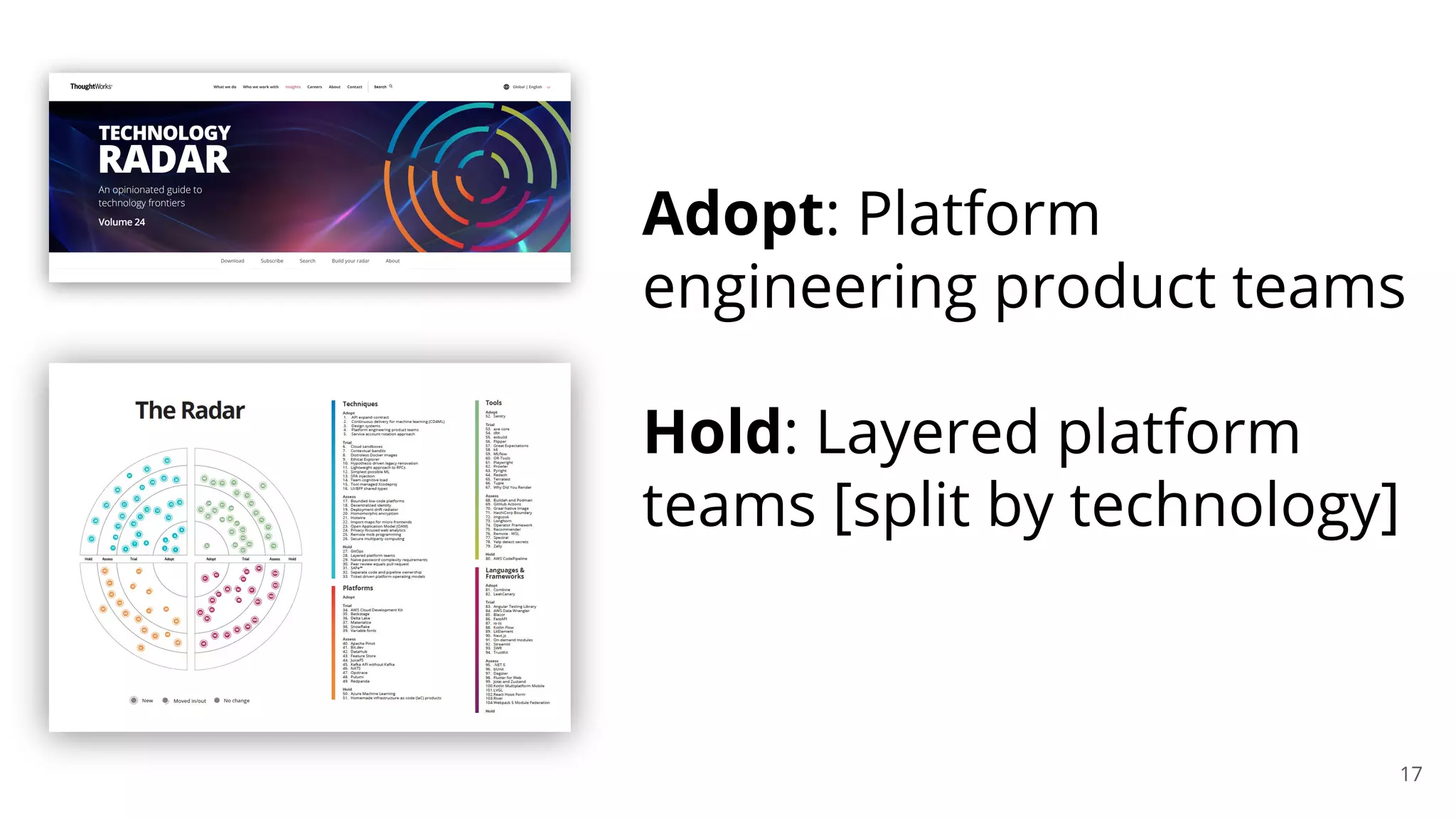 17
Adopt: Platform
engineering product teams
Hold: Layered platform
teams [split by technology]
 
