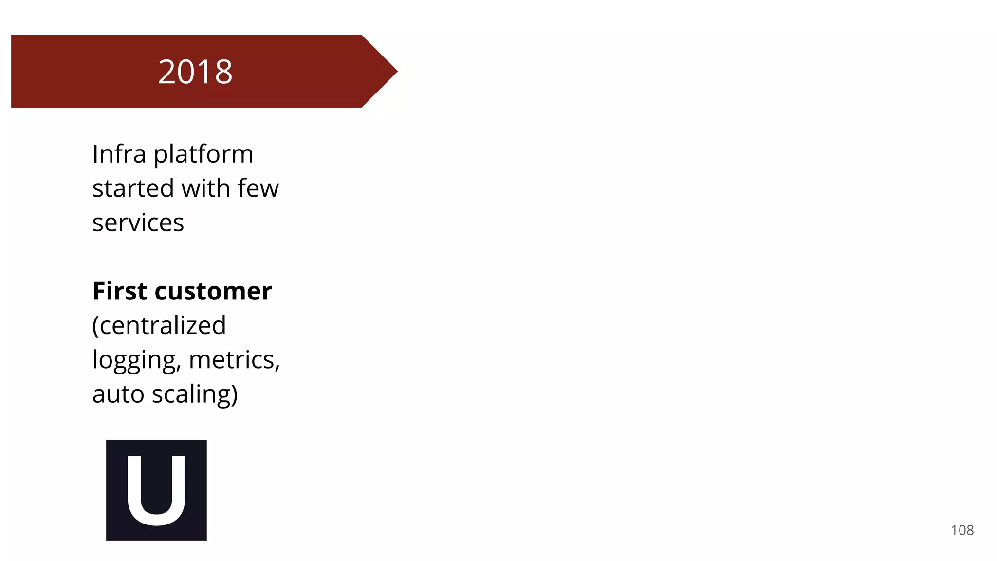 108
2018
Infra platform
started with few
services
First customer
(centralized
logging, metrics,
auto scaling)
 